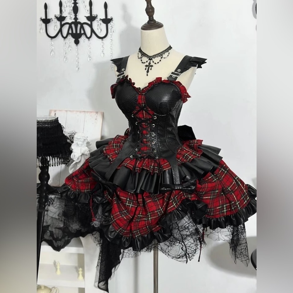 Devil Inspired Red Plaid Lace-up Detail Idol Lolita Jumper Skirt Punk Dress